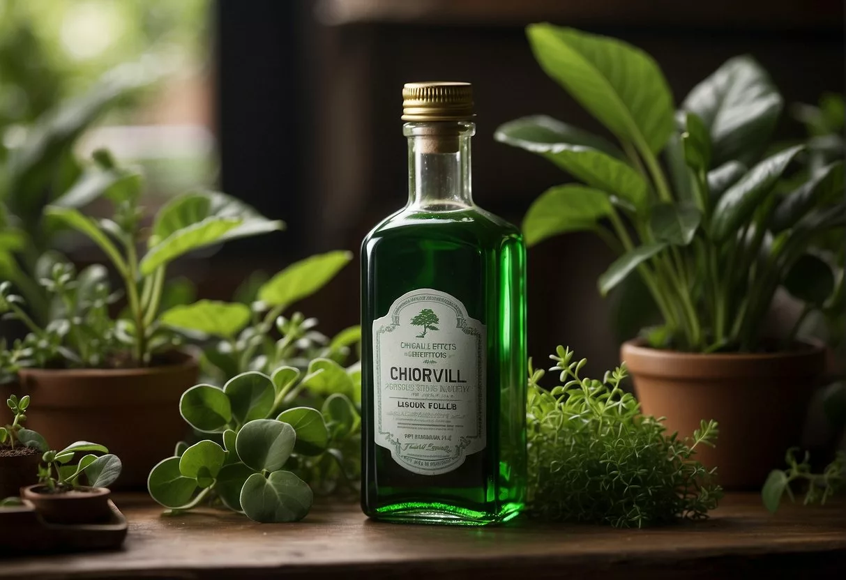A bottle of liquid chlorophyll sits on a table, surrounded by various plants and herbs. A warning label lists potential side effects and risks
