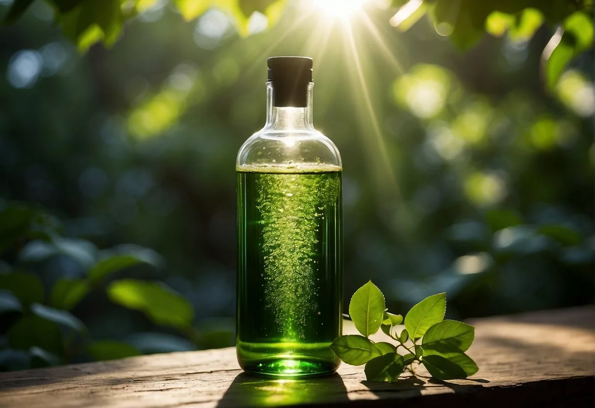 A clear bottle of liquid chlorophyll surrounded by green leaves and a beam of sunlight shining down, with a list of FAQs floating around it