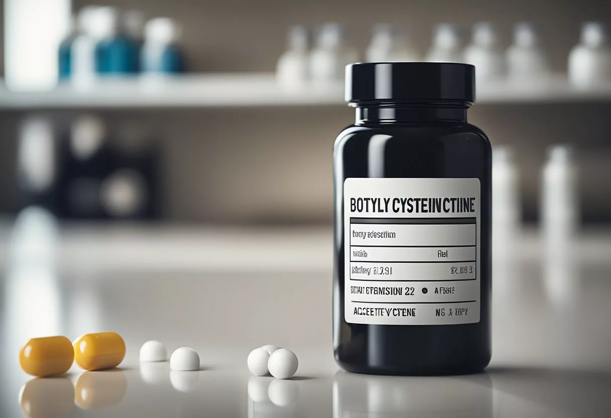 A bottle of N-acetyl cysteine sits on a clean, well-lit countertop. A hand reaches for a pill, while a safety label is prominently displayed