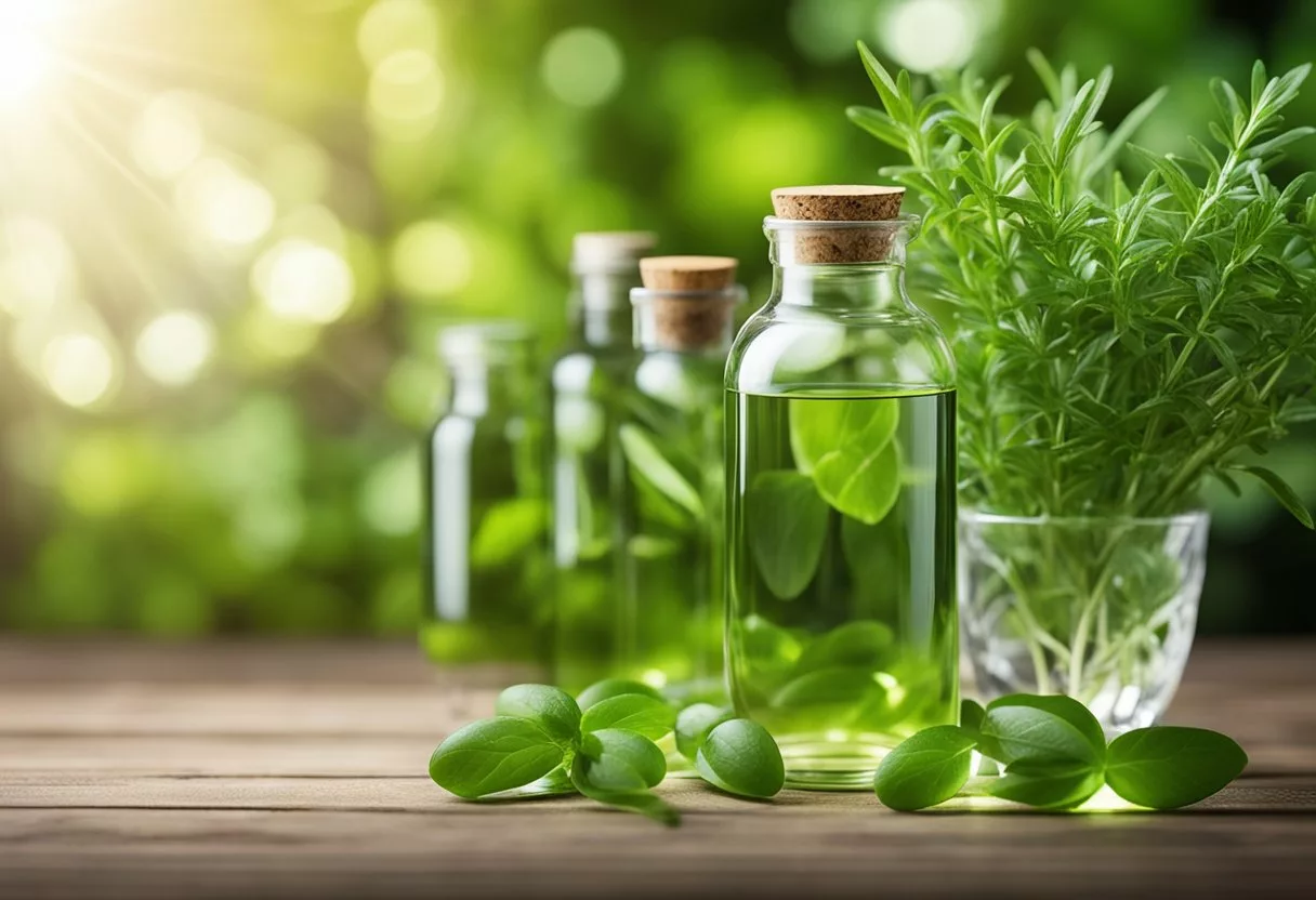 A clear glass bottle of n-acetyl cysteine supplements surrounded by fresh green herbs and a glowing light to symbolize respiratory health benefits