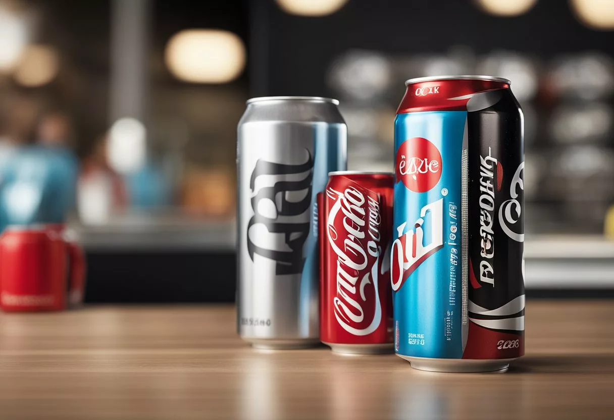 A table with two soda cans, one labeled "Diet Coke" and the other "Coke Zero." The cans are surrounded by various marketing materials and consumer feedback, highlighting the differences in public perception