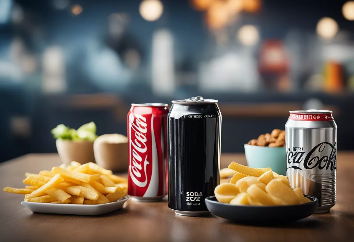 A table with two soda cans, one Diet Coke and one Coke Zero, surrounded by various food items, representing consumer preferences