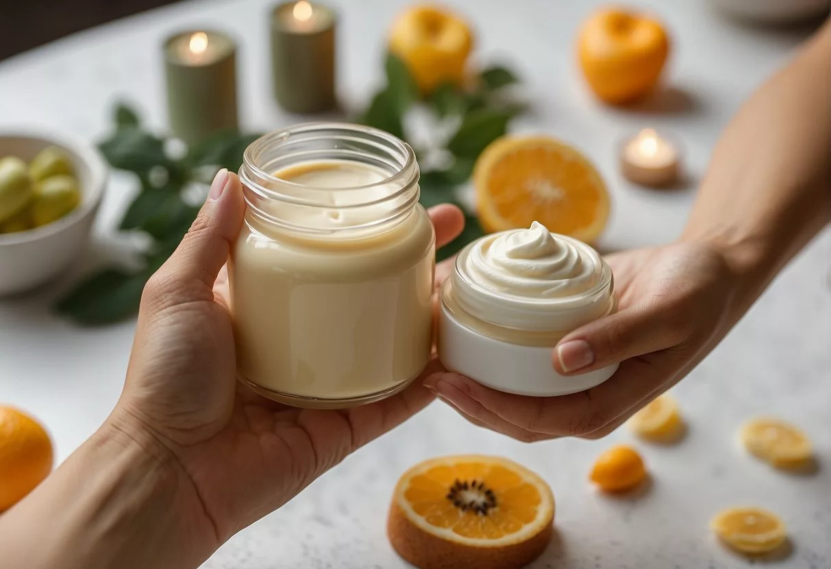 A skincare routine: a woman's hand holding a jar of cream, surrounded by various skincare products and a healthy diet plan