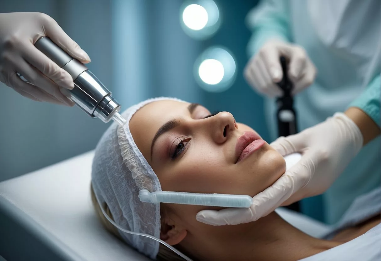 A person receiving a non-invasive skin tightening treatment with a medical device, surrounded by cosmetic products and equipment in a modern clinic setting