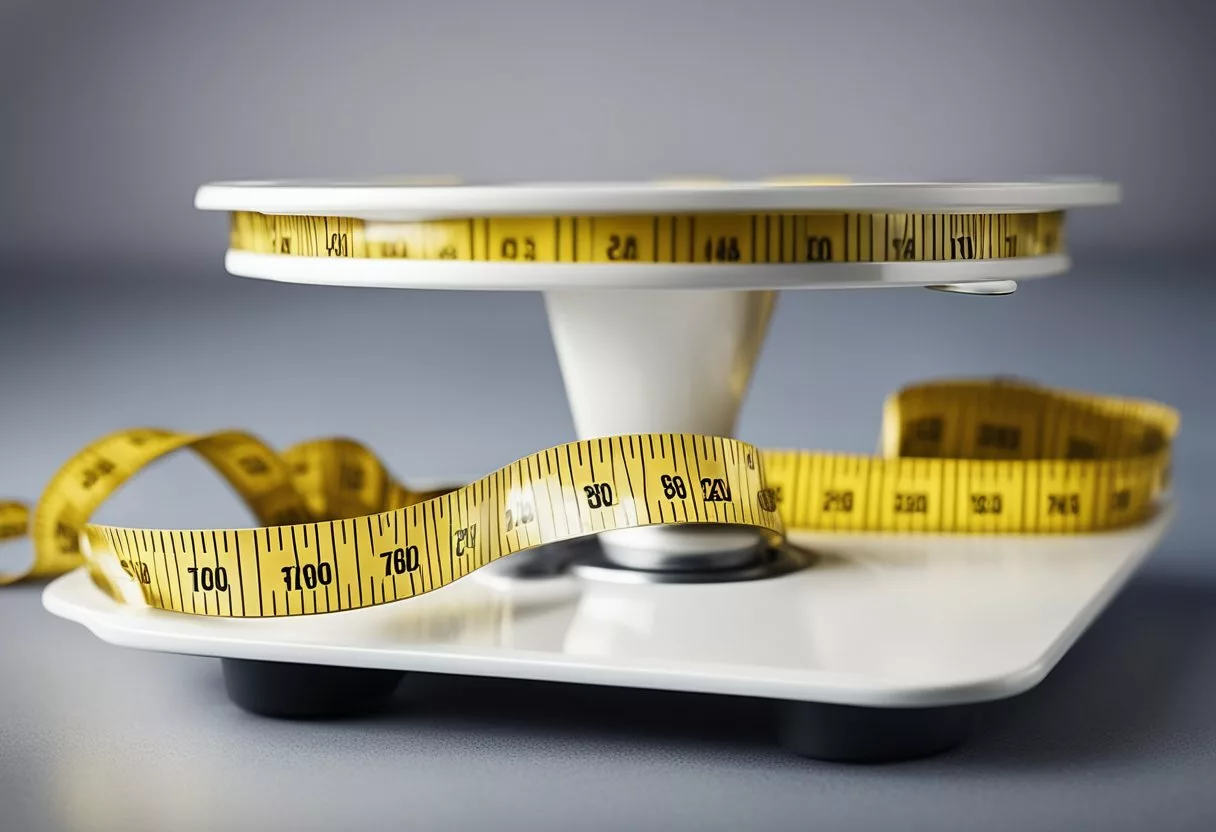 A scale showing decreasing numbers, a tape measure wrapping around a shrinking waist, and an empty plate symbolizing reduced food intake