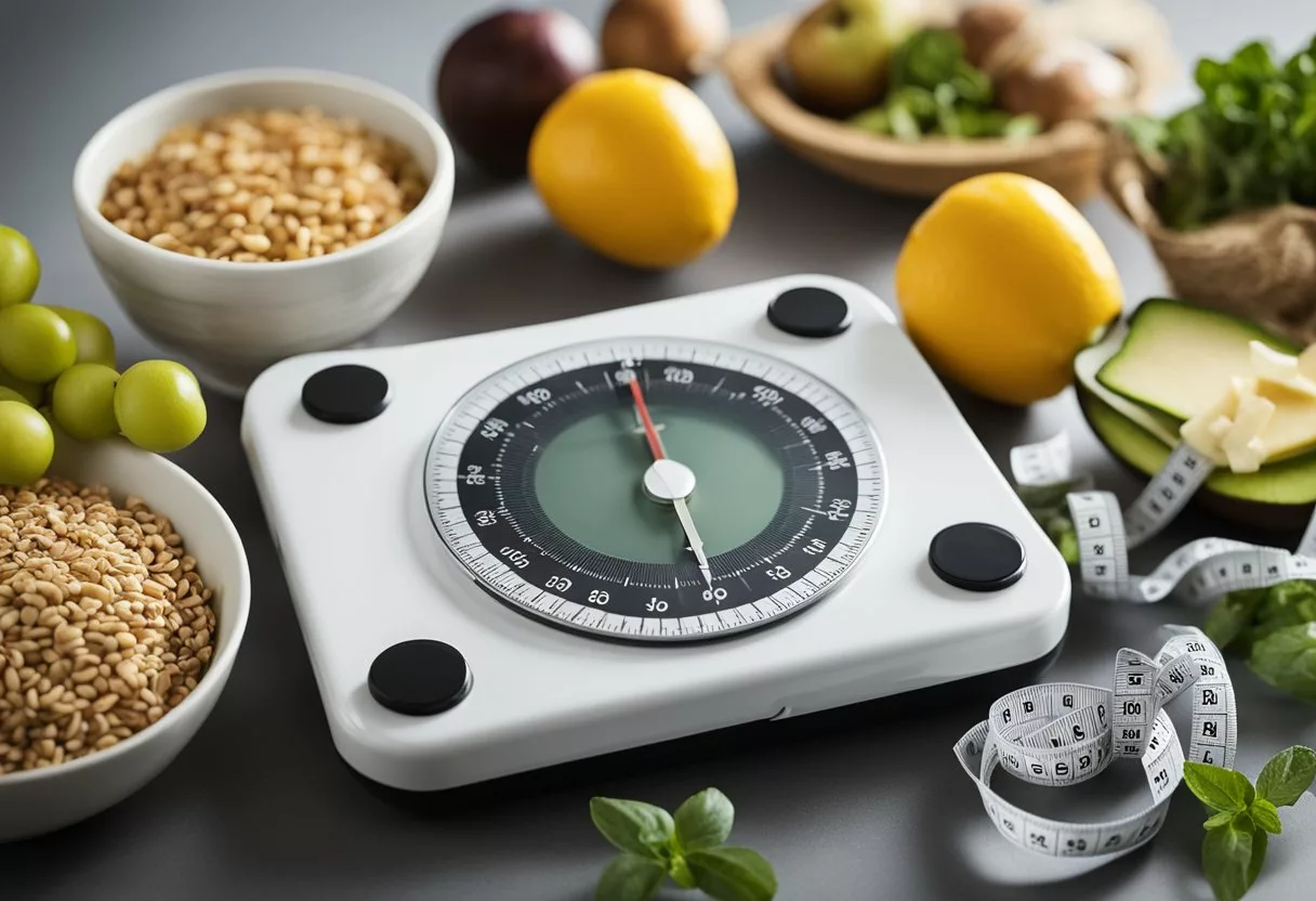A scale surrounded by measuring tape, healthy food, and a supportive friend