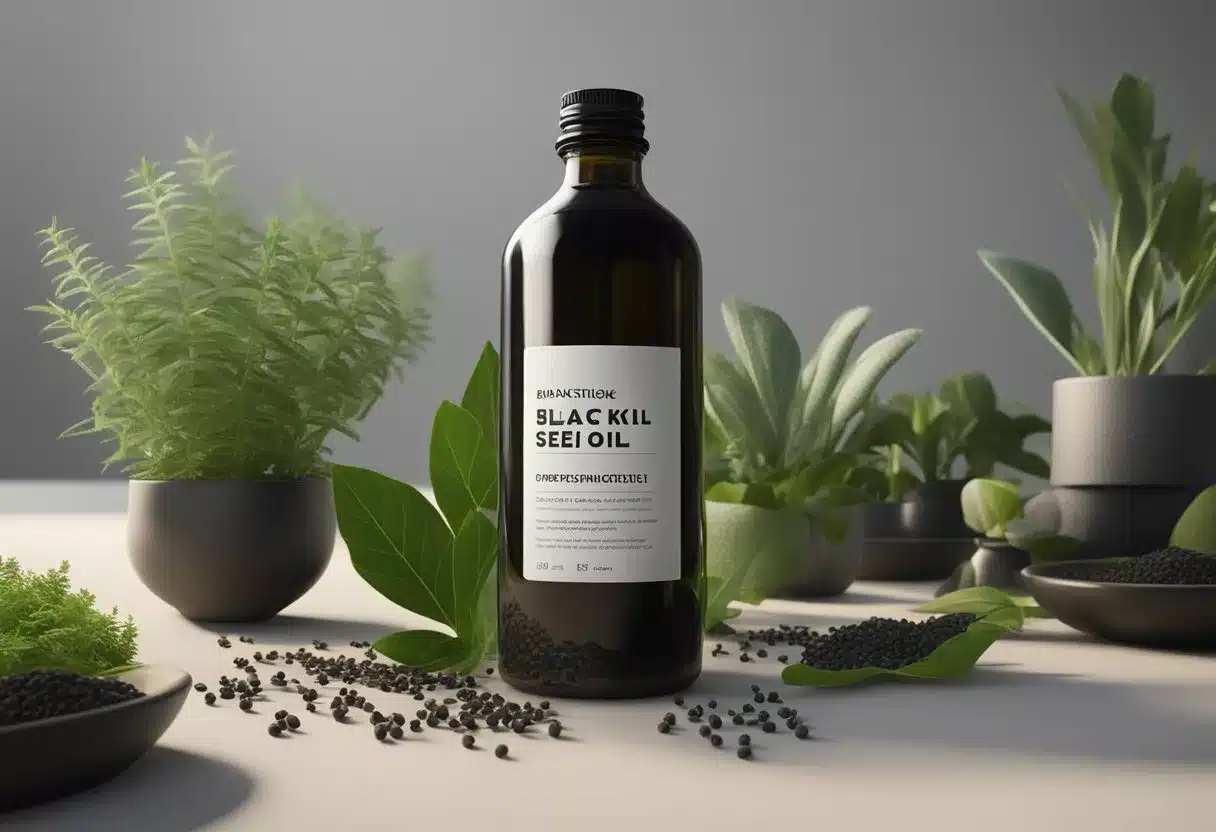 A bottle of black seed oil surrounded by various plants and herbs, with a list of benefits and side effects written in bold letters