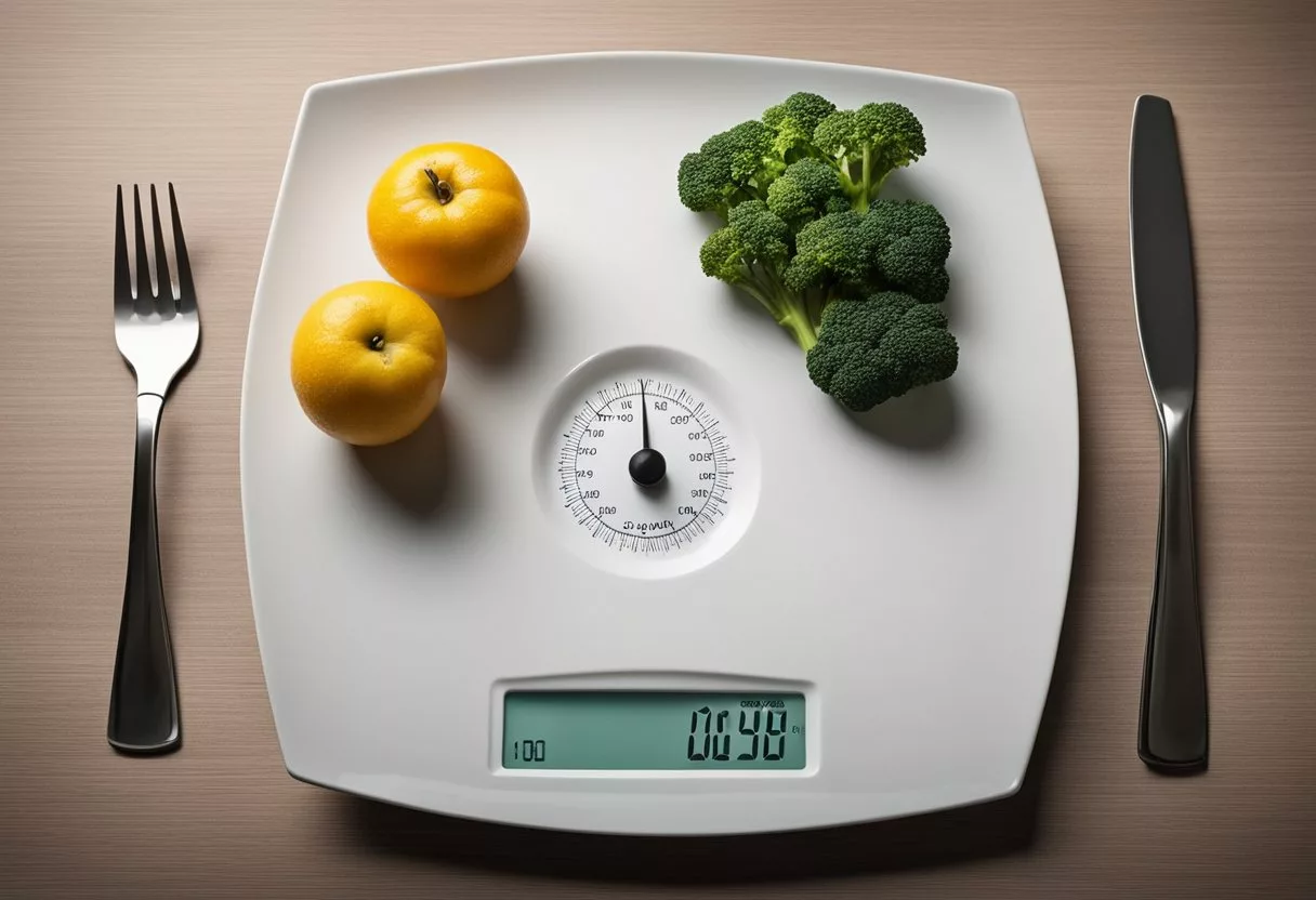 A scale displaying a significant decrease in weight. Empty plate with small portions of food. Exhausted expression