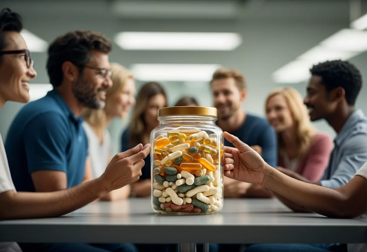 A group of diverse age groups surround a large jar of probiotics, each holding a different type of probiotic supplement