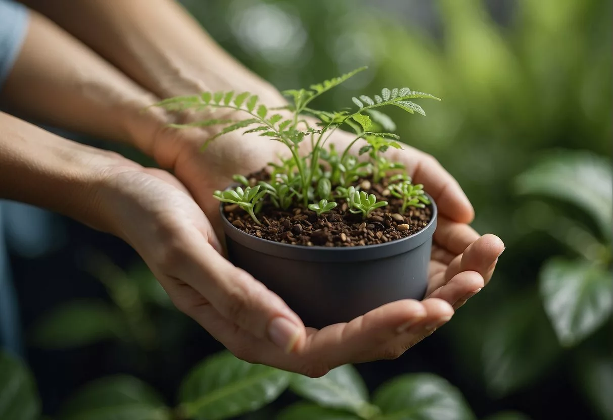 A hand holding a biodegradable seed probiotics container, surrounded by green plants and eco-friendly materials