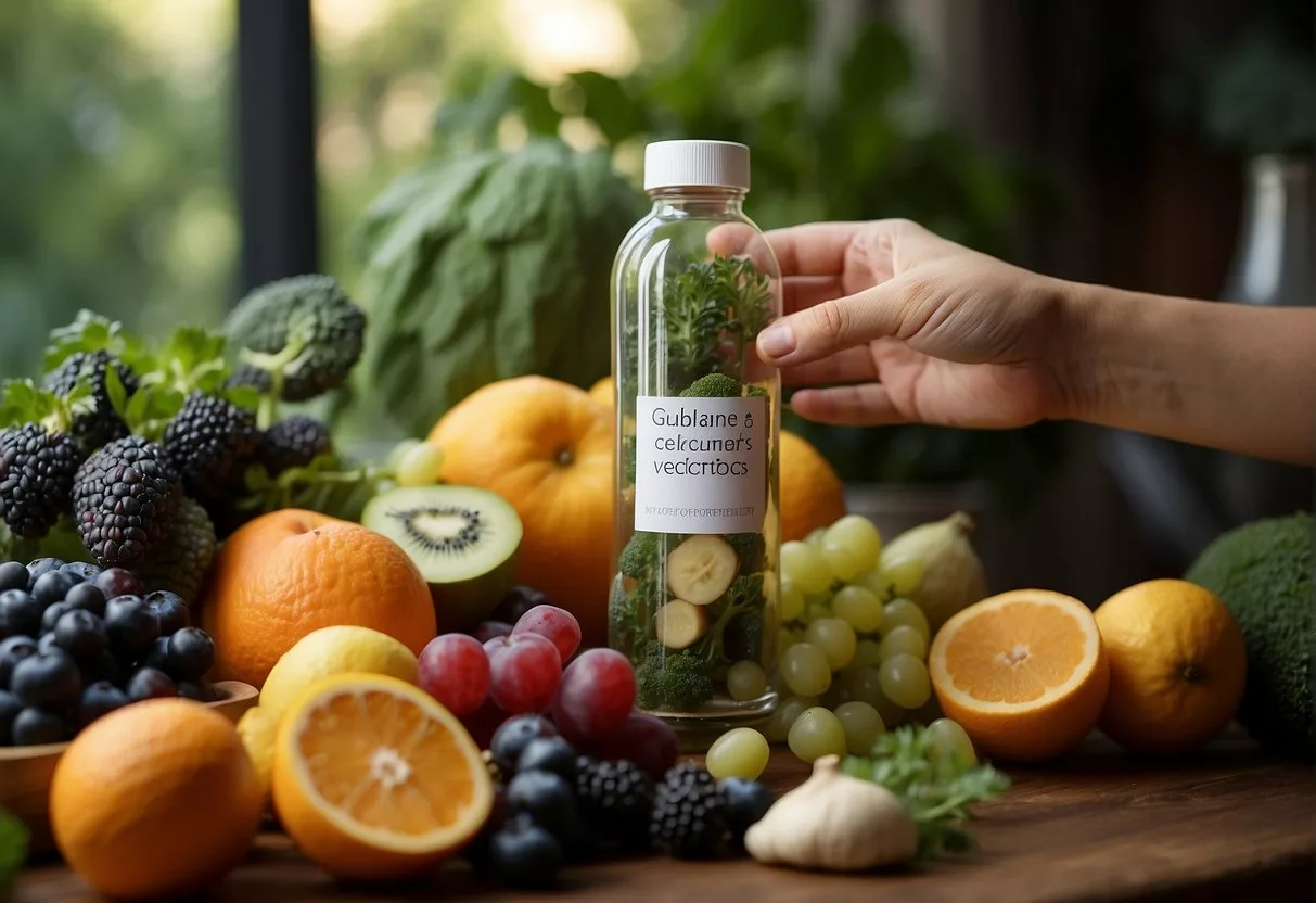 A hand reaching for a bottle of probiotics with a label showing "Guidance for Consumers" and images of healthy gut bacteria. A background of natural elements like fruits and vegetables to convey the idea of natural and healthy living