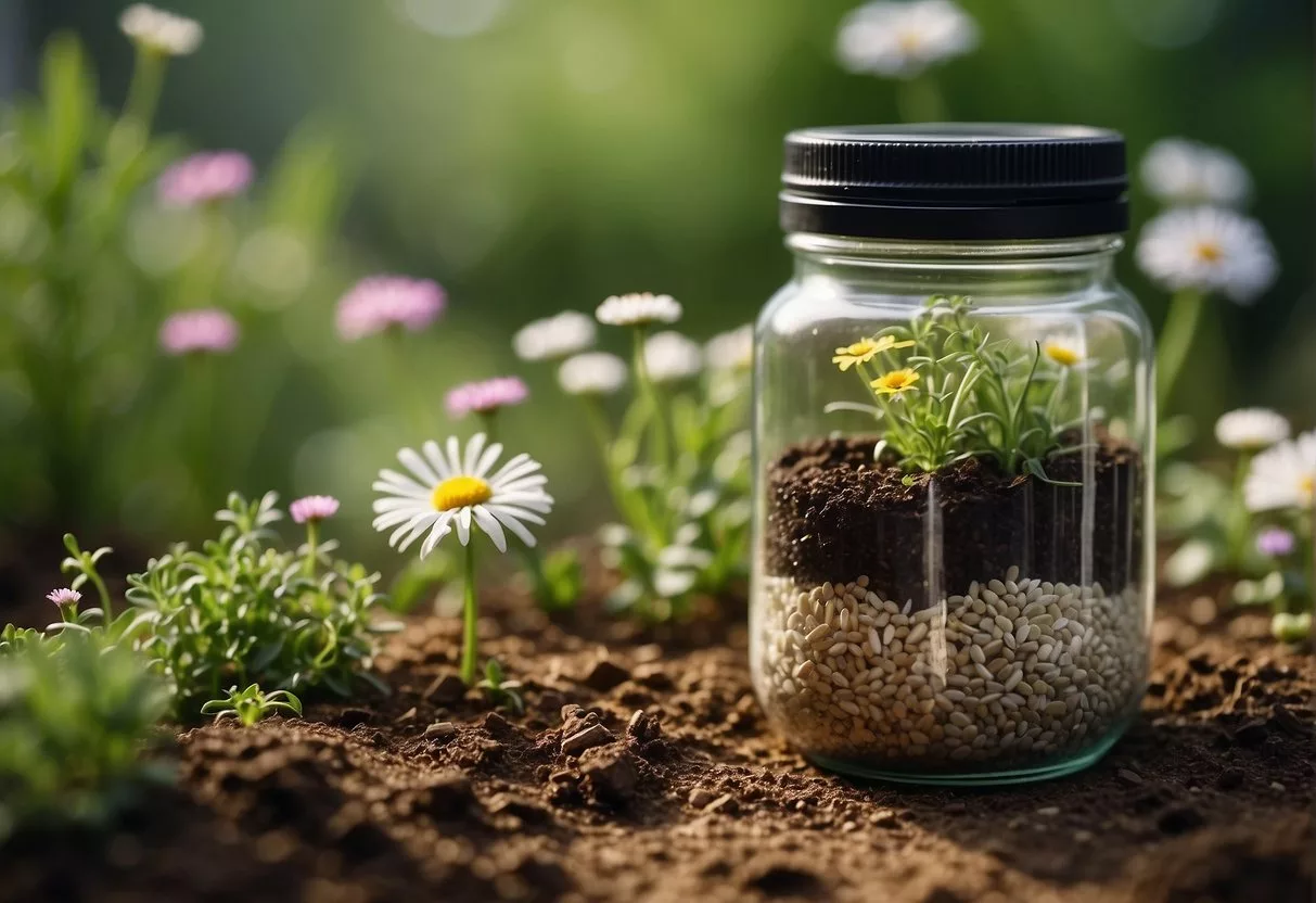 A jar of seed probiotics, surrounded by blooming plants and a healthy soil ecosystem
