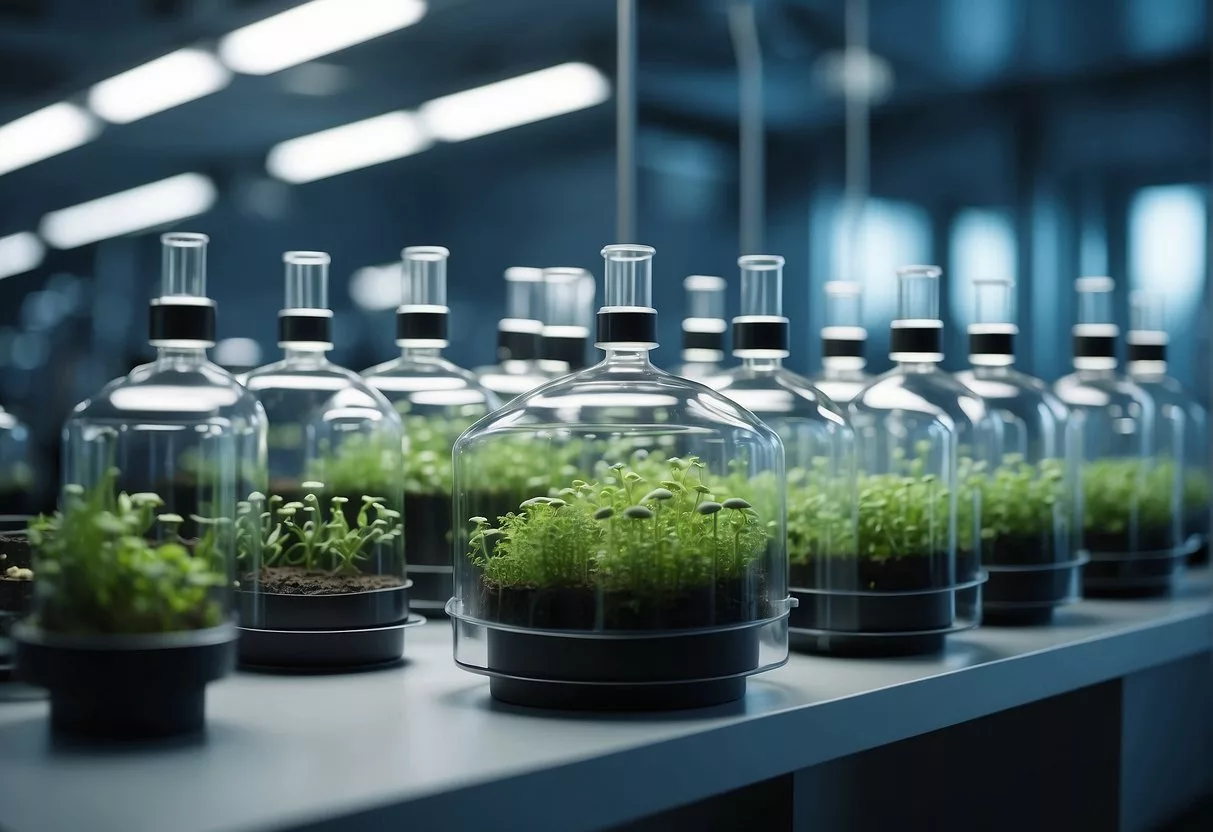 A futuristic laboratory with glowing seed probiotics growing in high-tech containers, surrounded by innovative equipment and cutting-edge technology