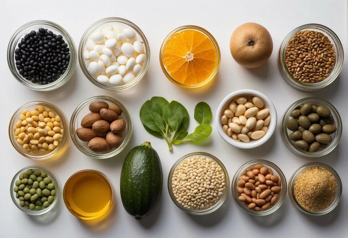 A variety of seeds, fruits, and vegetables are arranged next to different forms of dietary supplements, including probiotics