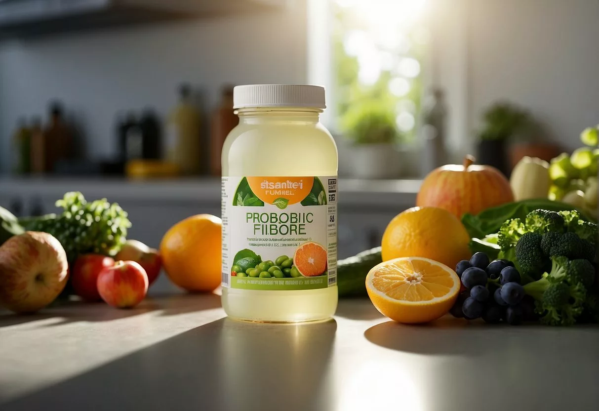 A bottle of probiotics sits on a clean kitchen counter, surrounded by fresh fruits and vegetables. A beam of sunlight illuminates the bottle, indicating the probiotics are working
