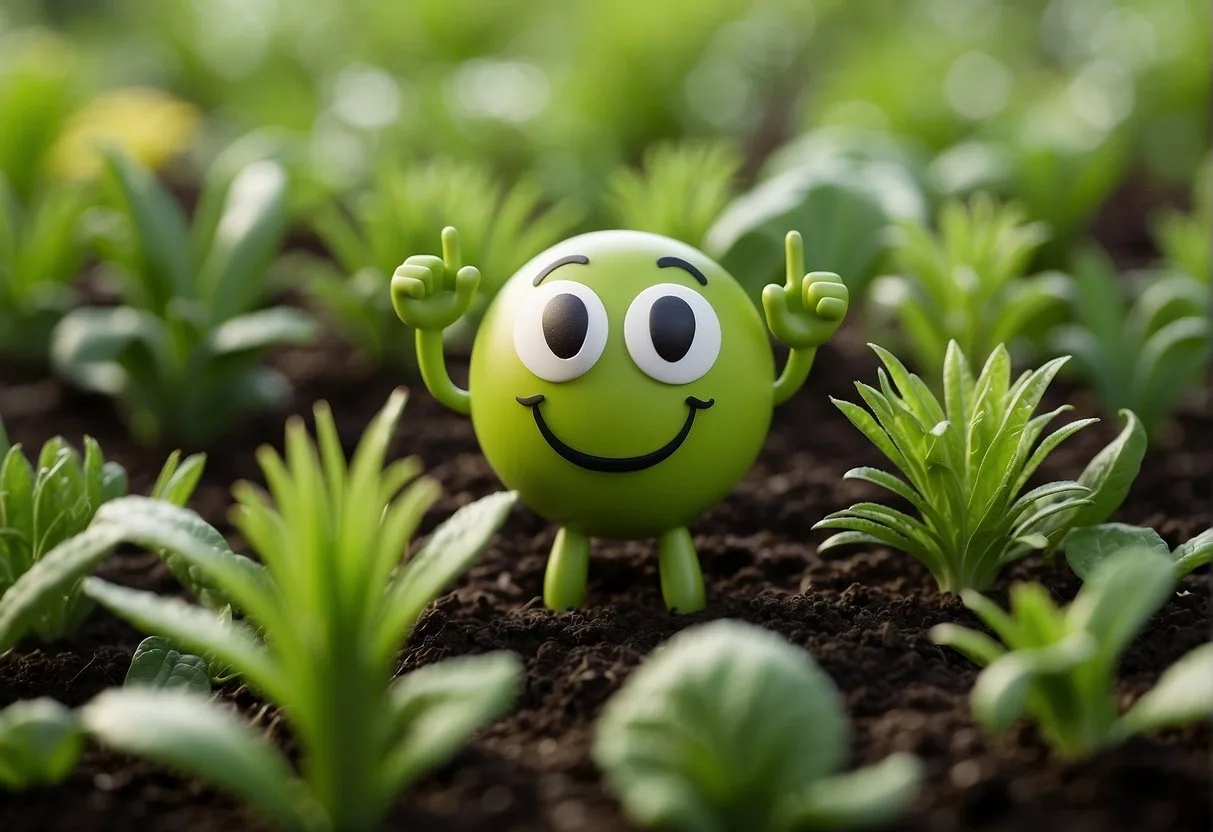Healthy gut: vibrant green plants growing, happy digestive system emoji, and a smiling stomach with a "thumbs up" sign