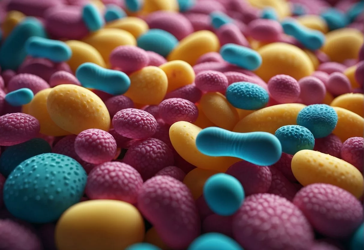 Bright, vibrant colors surround a happy, healthy gut. Smiling microbes and a flourishing environment show the success of probiotics