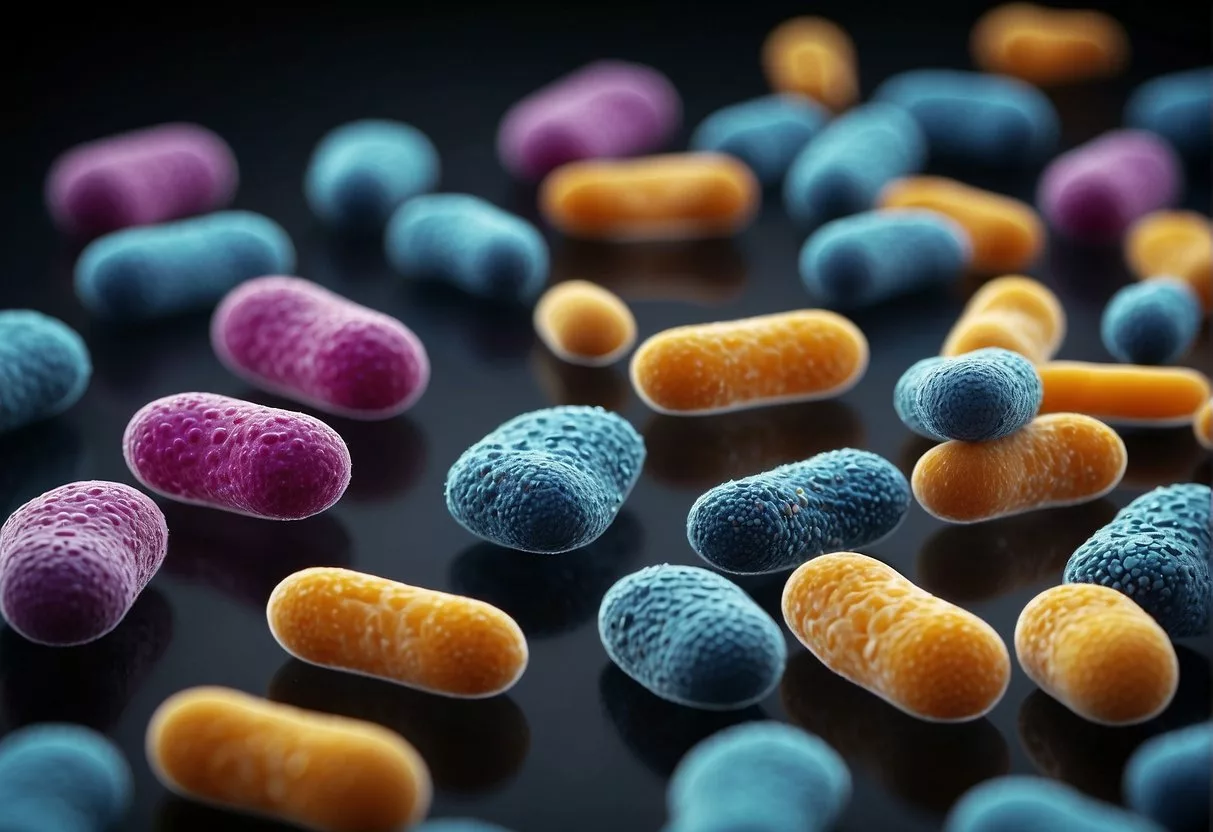 Healthy gut flora: vibrant, diverse, and thriving. Probiotic supplements glow with vitality, surrounded by flourishing bacteria and digestive support