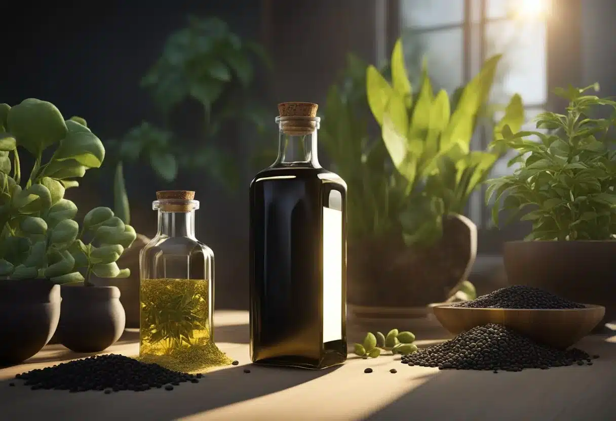 A bottle of black seed oil surrounded by various seeds and plants, with a beam of light shining down on it, highlighting its natural origins and composition