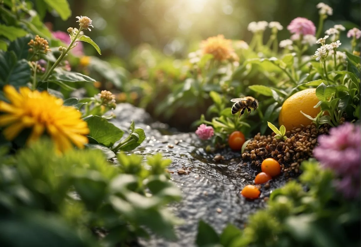 A lush garden with a variety of fruits, vegetables, and whole grains, surrounded by buzzing bees and chirping birds. A bubbling stream flows through the scene, with colorful flowers and greenery everywhere