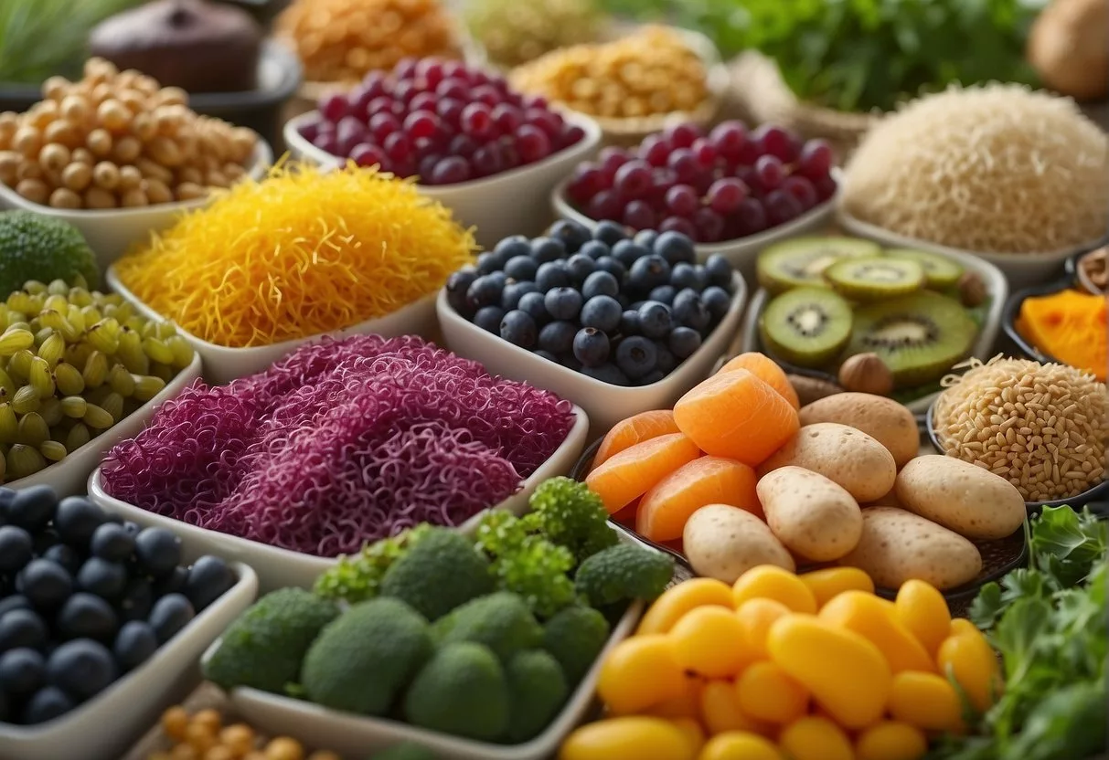 A colorful array of fibrous plant foods (prebiotics) nourishing a diverse community of beneficial bacteria (probiotics) in a vibrant, thriving gut ecosystem