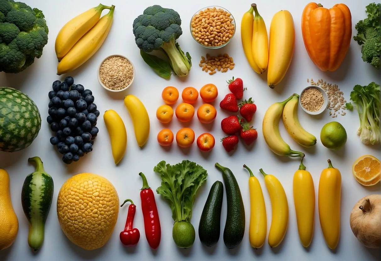 A colorful array of fruits, vegetables, and grains, with a variety of bacteria and microorganisms thriving on them, representing the health benefits of prebiotics and probiotics
