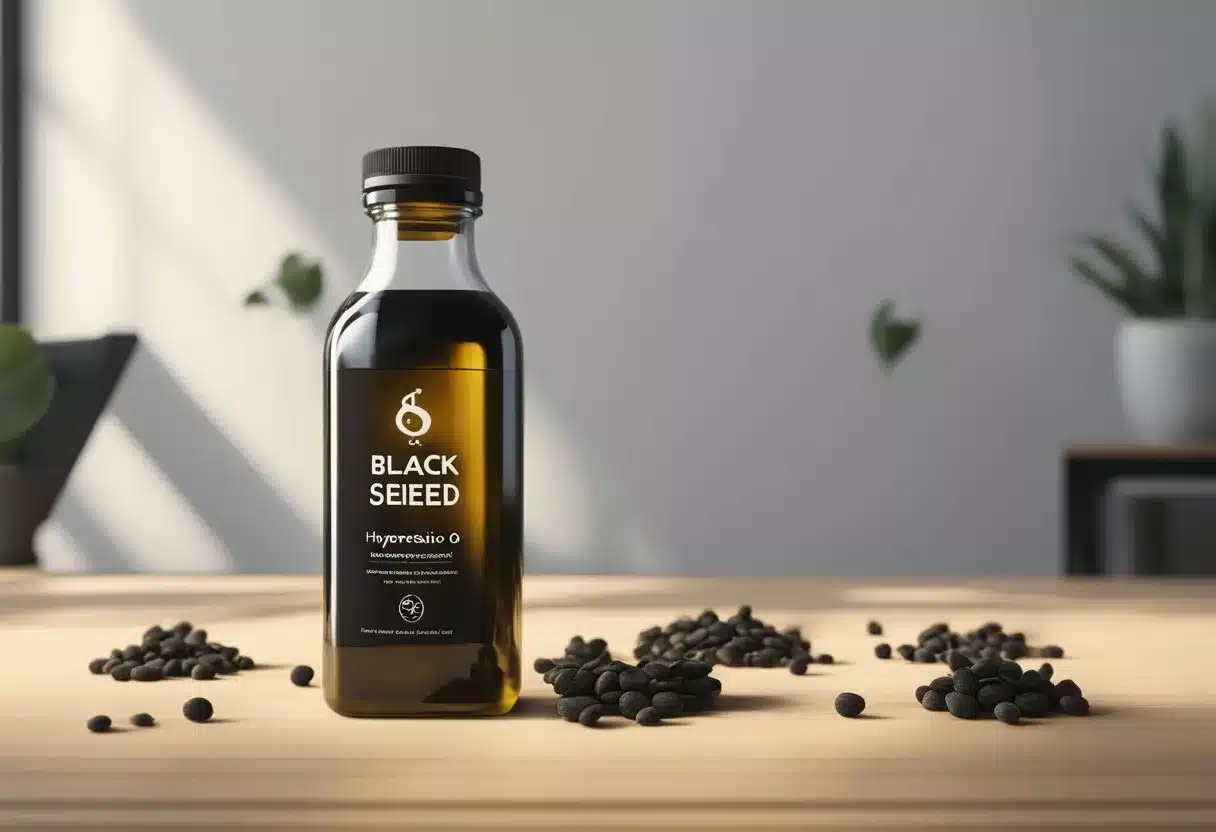 A bottle of black seed oil surrounded by question marks and a list of benefits and side effects
