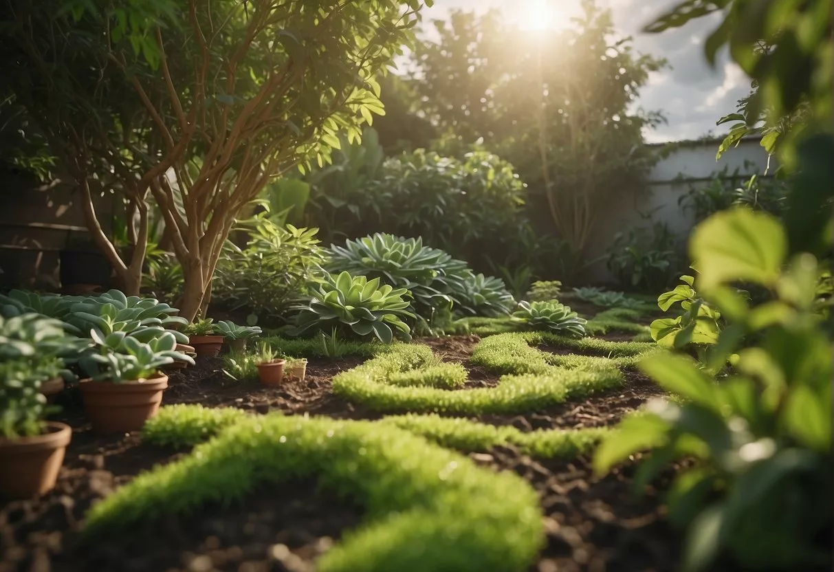 A vibrant garden with intertwining roots and flourishing plants, showcasing the synergistic effects of prebiotics and probiotics on the soil and surrounding environment