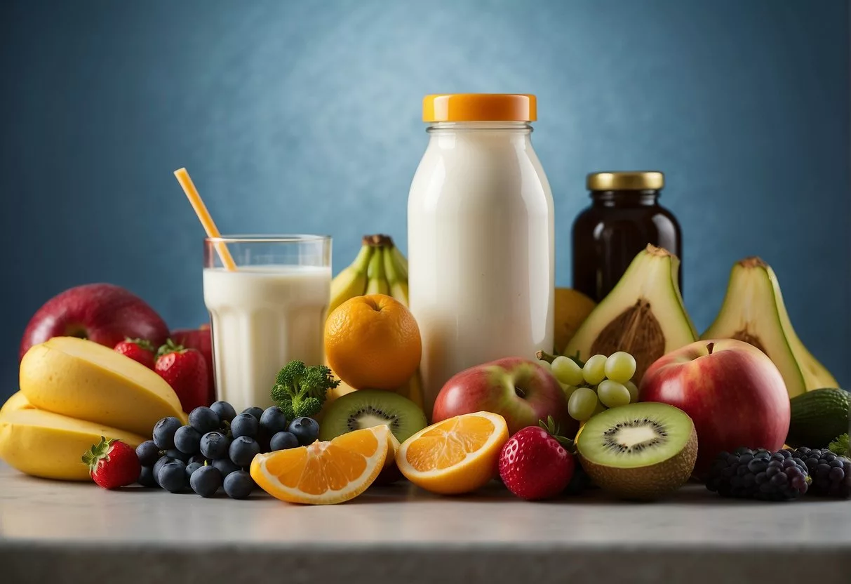 A colorful array of fruits, vegetables, and dairy products surrounding a bottle of probiotics, with a glowing halo effect to symbolize the health benefits beyond weight loss