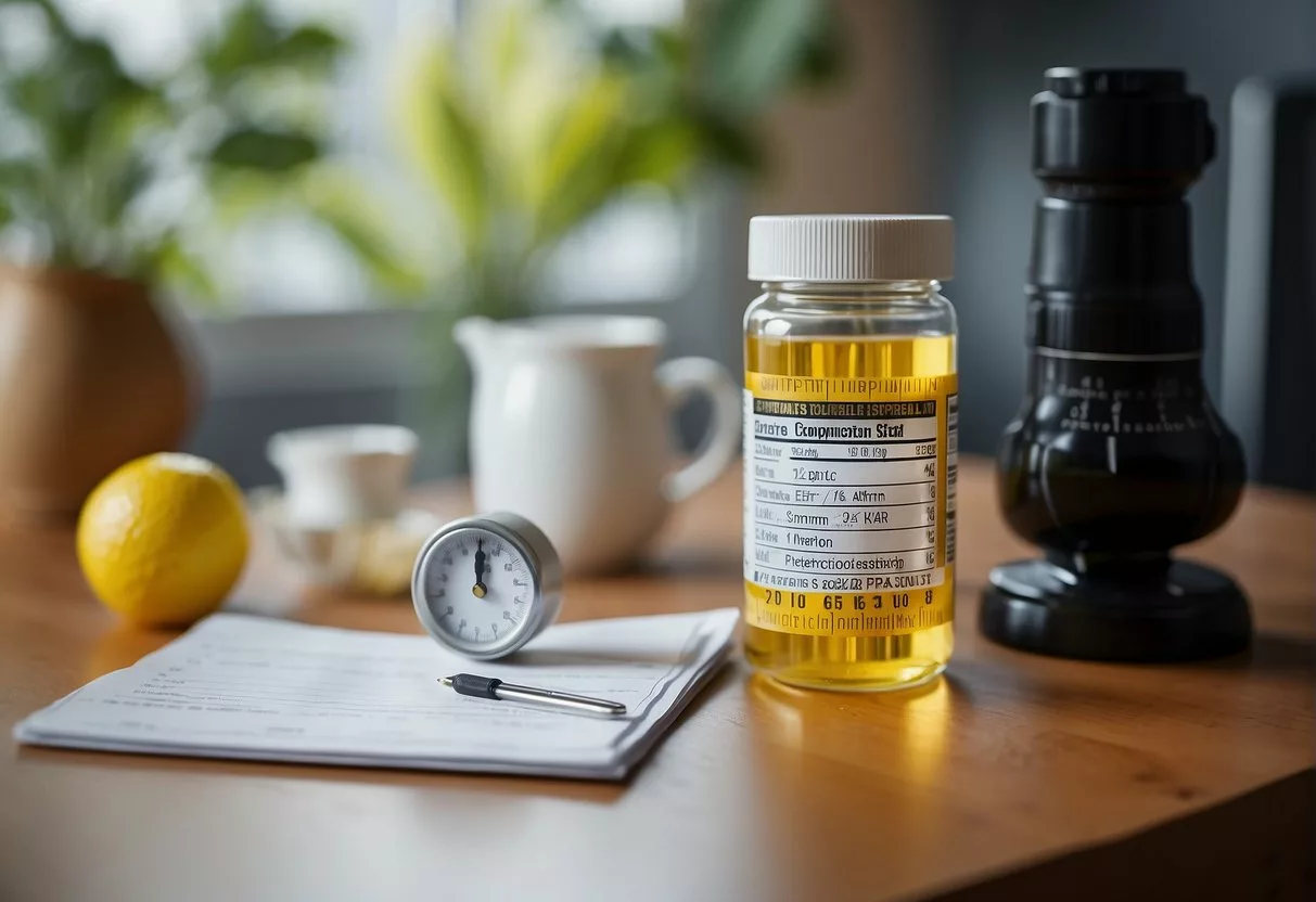 A bottle of probiotics surrounded by measuring tape and a scale, with a caution label and a list of potential side effects