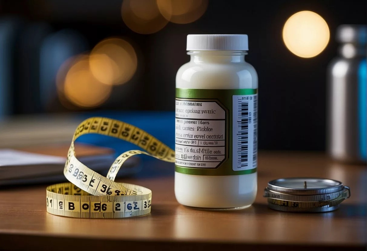 A bottle of probiotics stands next to a measuring tape and a scale, with a spotlight shining on it. The label on the bottle reads "Optimizing Probiotic Effectiveness for weight loss."
