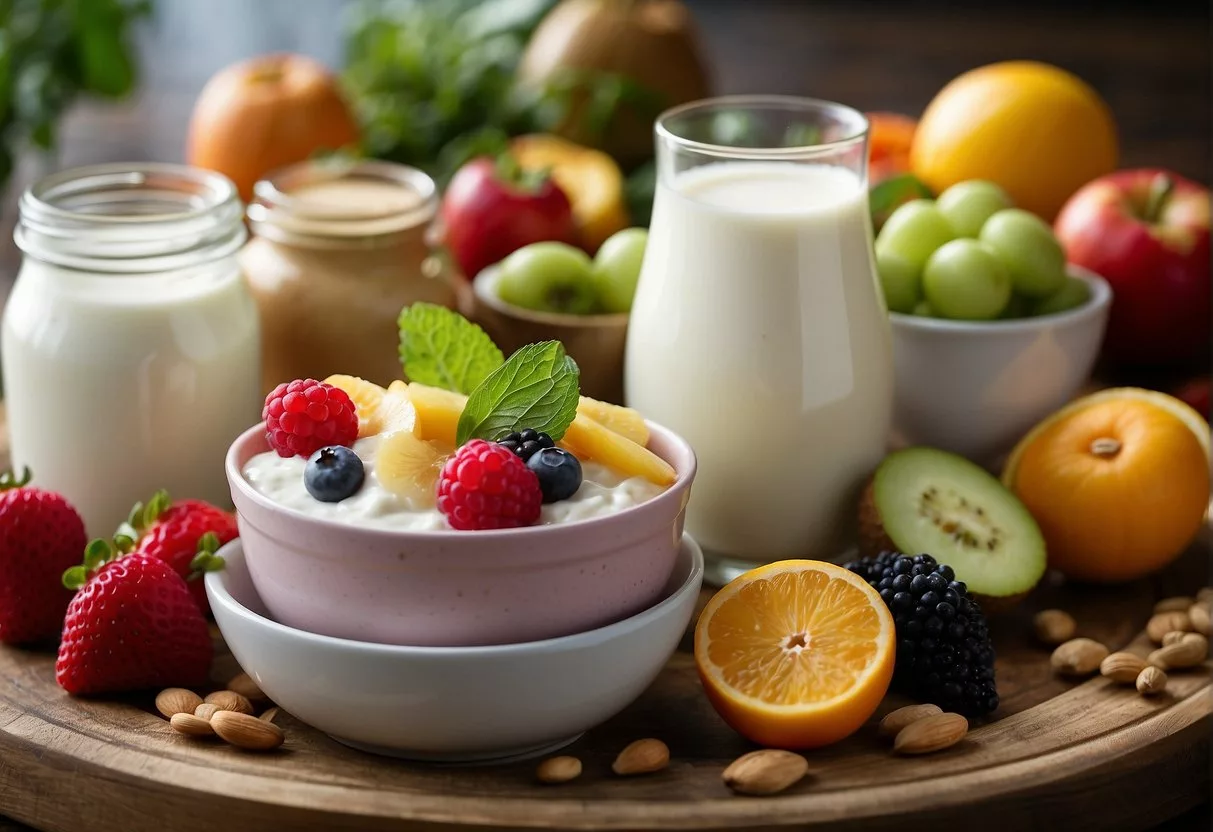A variety of probiotic-rich foods like yogurt, kefir, and sauerkraut are arranged on a table. A person's plate is filled with colorful fruits and vegetables, showcasing a balanced diet