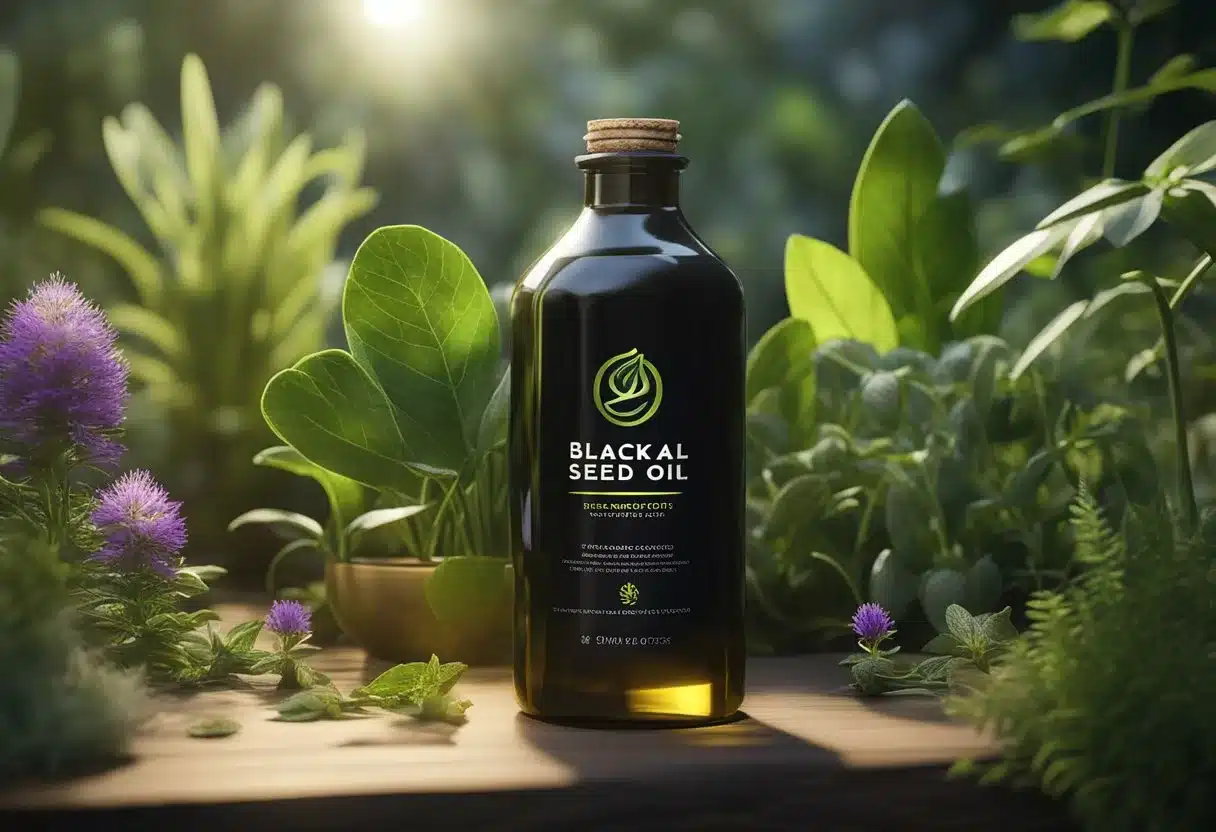 A bottle of black seed oil surrounded by various plants and herbs, with a radiant glow indicating its health benefits