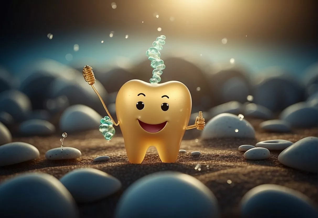 A smiling tooth surrounded by friendly bacteria, promoting oral health and preventing cavities