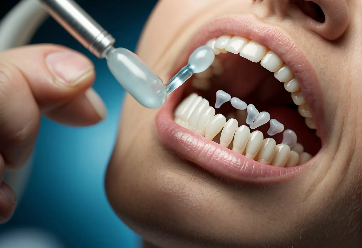 A dental probiotic capsule releasing beneficial bacteria into a mouth with healthy teeth and gums