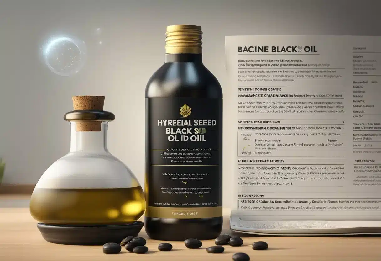 A bottle of black seed oil stands next to a list of benefits and side effects, with a magnifying glass highlighting key points