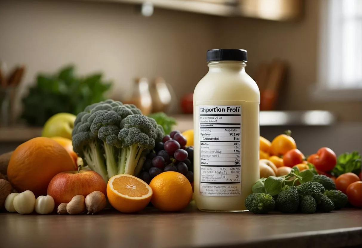 A bottle of probiotics sits on a kitchen counter, surrounded by various fruits and vegetables. The label indicates it's an "adjustment period" formula