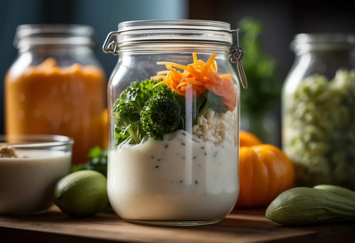 A glass jar filled with various probiotic-rich foods, such as yogurt, sauerkraut, and kimchi, sits on a kitchen counter. Bubbles rise to the surface, indicating the fermentation process