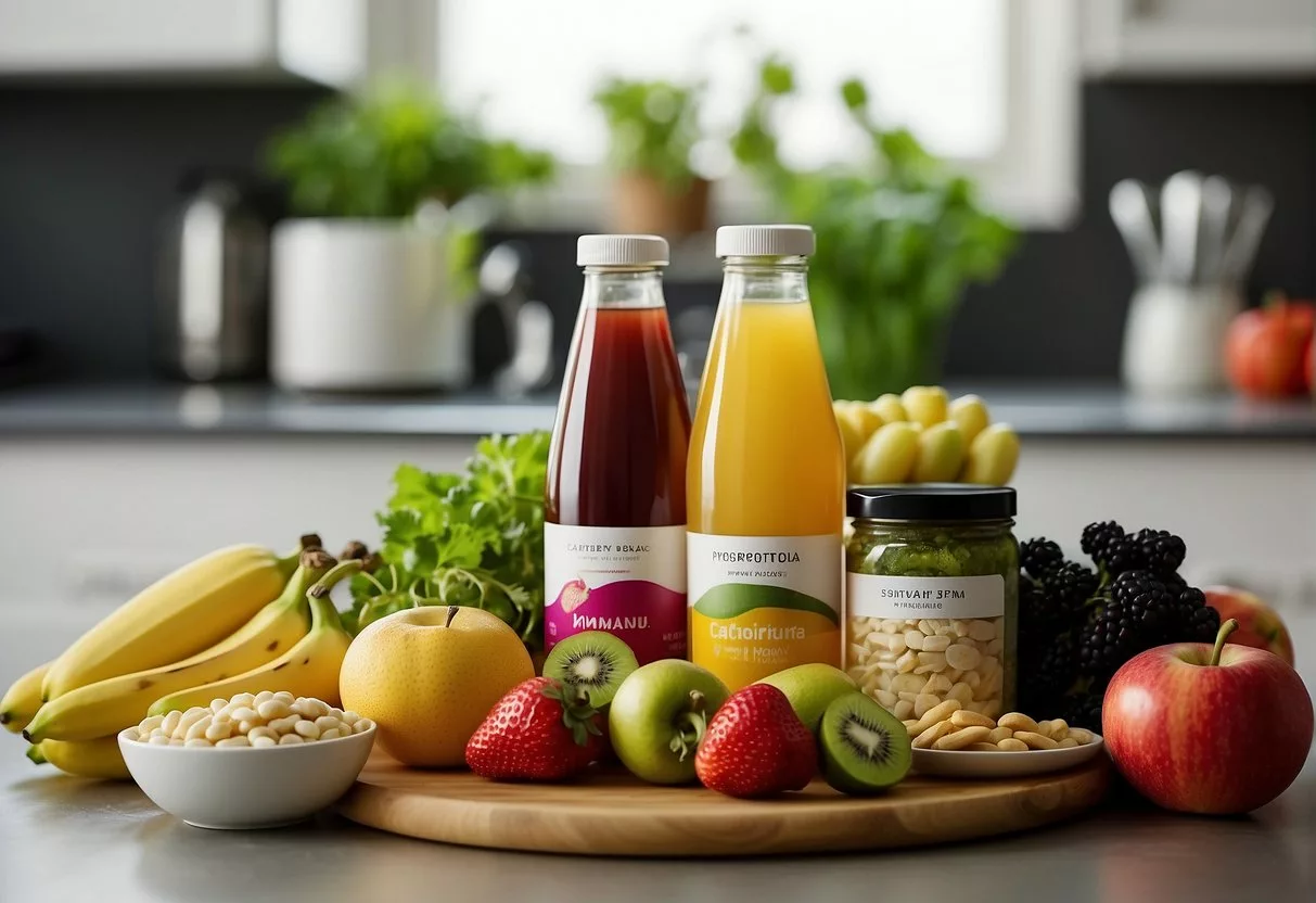 A colorful array of fruits, vegetables, and dairy products on a kitchen counter, with a bottle of probiotics prominently displayed