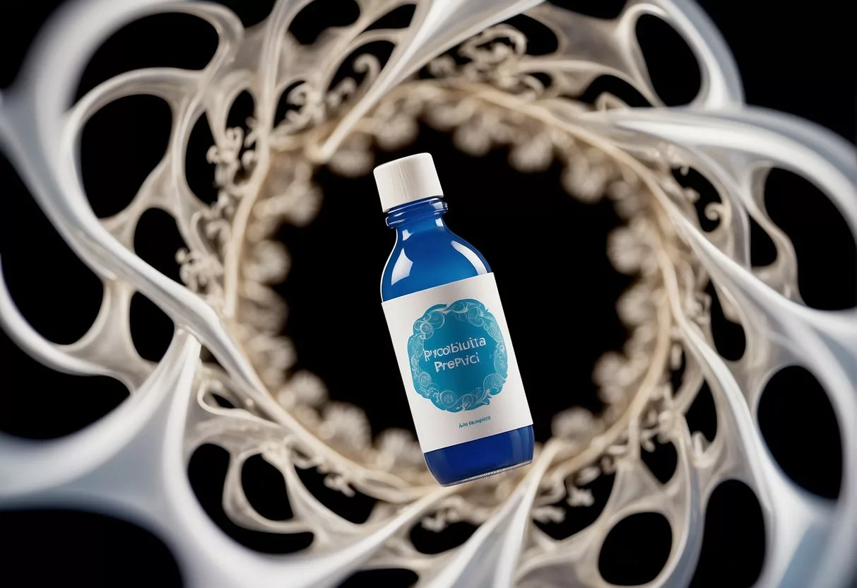A swirling vortex of questions surrounds a bottle of probiotics, symbolizing the adjustment period