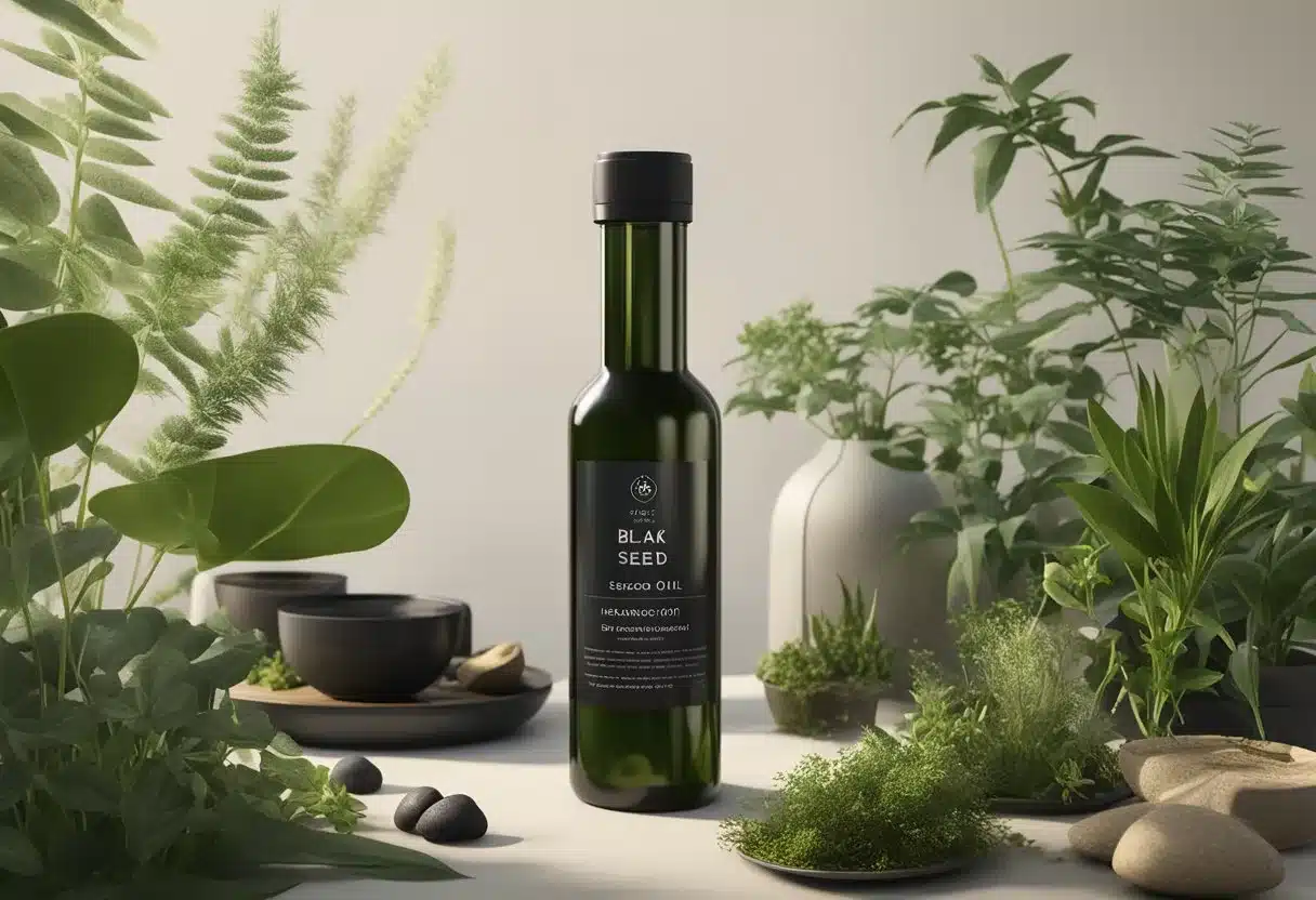 A bottle of black seed oil surrounded by various plants and herbs, with a list of benefits and side effects displayed prominently