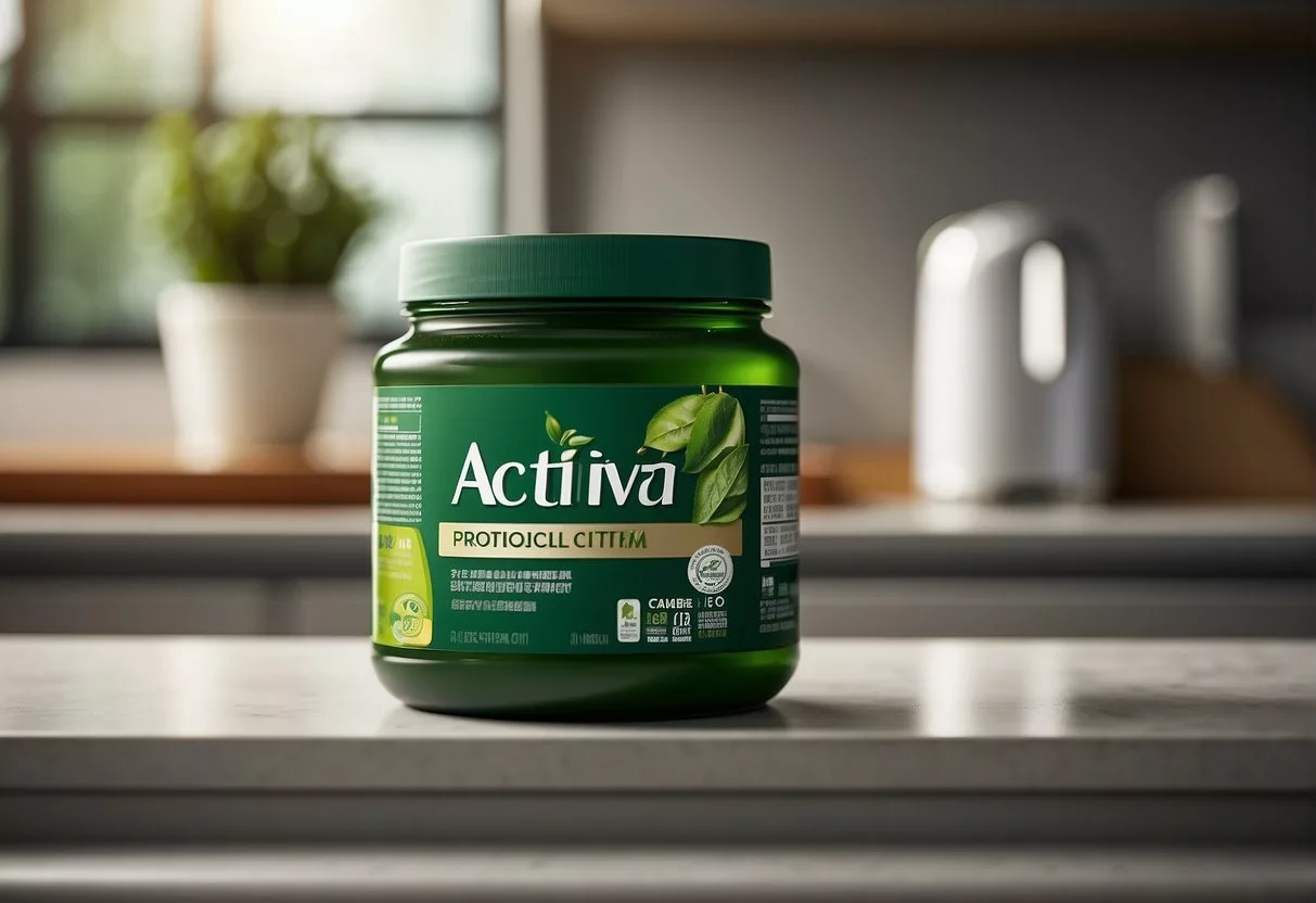A container of Activia sits on a kitchen counter, with a label prominently displaying "Probiotics" in bold letters