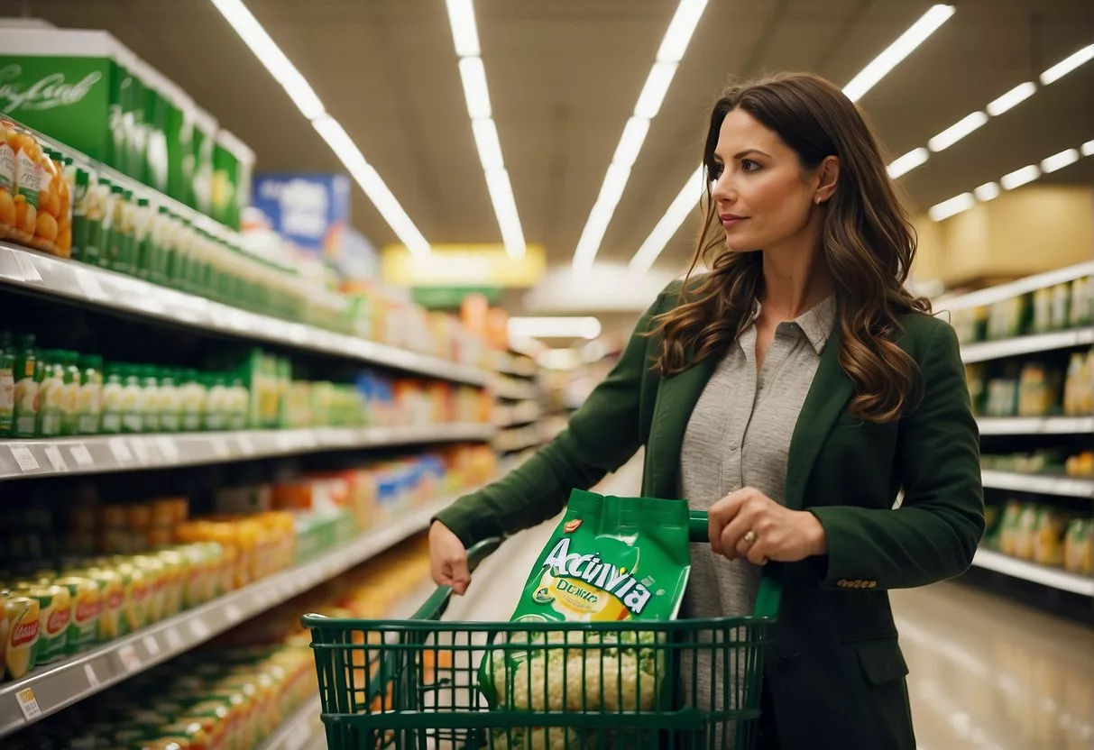 A woman considers Activia's probiotics while shopping in a grocery store aisle