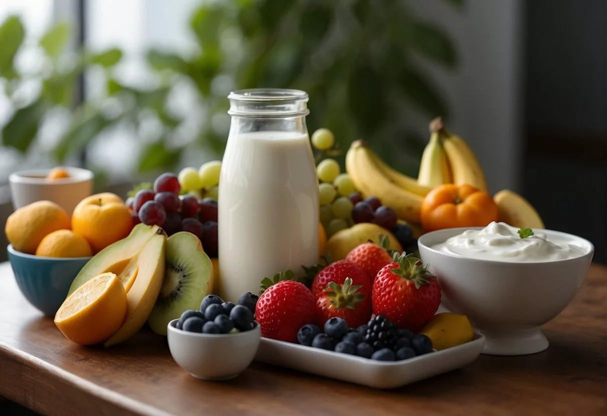 A table with a variety of colorful fruits, vegetables, and dairy products. A bottle of probiotics is placed next to a glass of yogurt