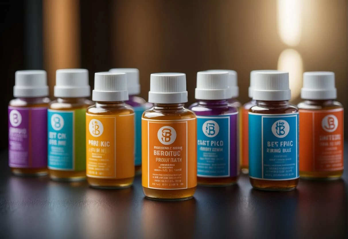 A lineup of colorful probiotic bottles with "Best for Men" label, surrounded by question marks