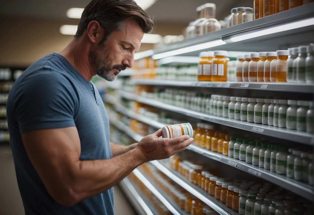 A man stands in front of a row of probiotic supplements, carefully reading the labels and comparing the different options