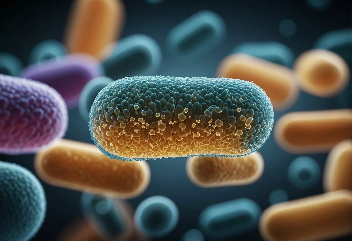 A group of diverse bacteria strains, labeled as "best probiotics for men," surrounded by a protective shield, promoting gut health