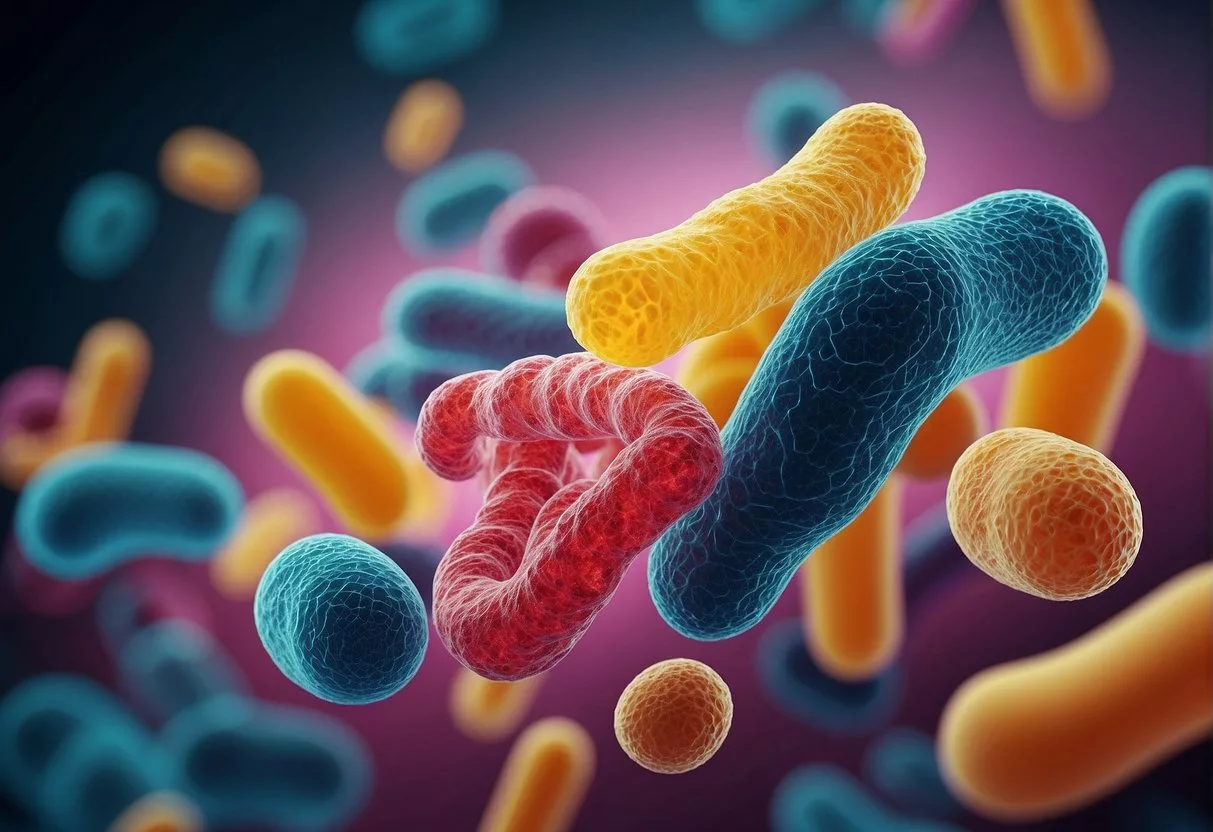 A group of bacteria in various shapes and sizes, labeled as probiotics, are shown promoting health in a vibrant, diverse ecosystem