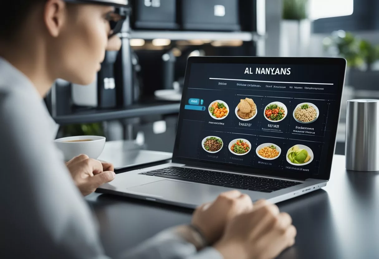 AI analyzes data for personalized diets, showing a computer processing food and health information to create tailored meal plans