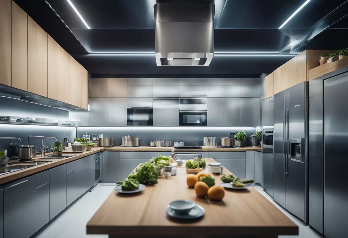 A futuristic kitchen with AI analyzing food and creating personalized diets